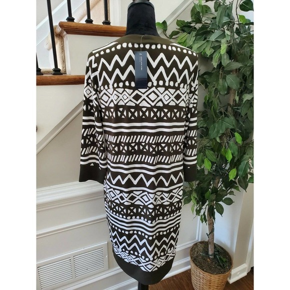 Jones NewYork Women's Green & White Rayon V-Neck Long Sleeve Knee Length Dress M - Picture 7 of 12